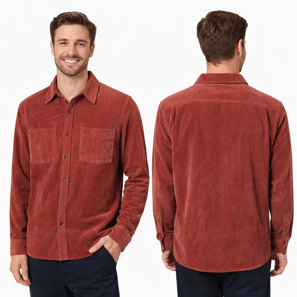 Men's Zara Coral Red Corduroy Terry Button Down Pocket Shirt Small Relaxed Fit